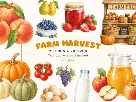 Farm Harvest Watercolor Cliparts for Rustic Embroidery