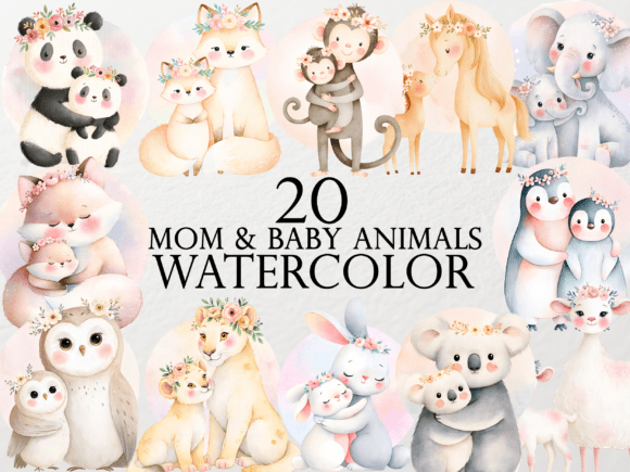 Watercolor Mom Baby Animals Graphics for Local Business Illustrations
